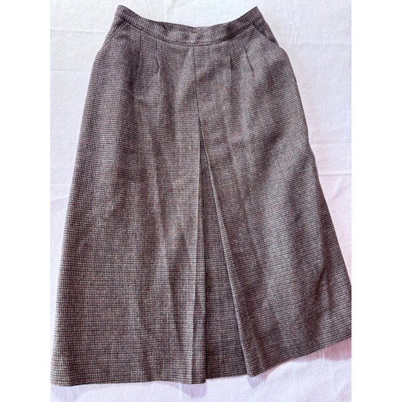 Dresses & Skirts - Vintage Wool Blend Houndstooth Midi Skirt High Waist Pleated Burgundy Brown 9/10